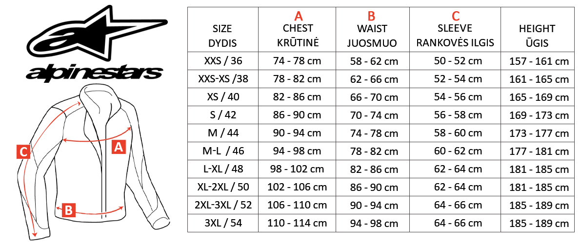 ALPINESTARS size table