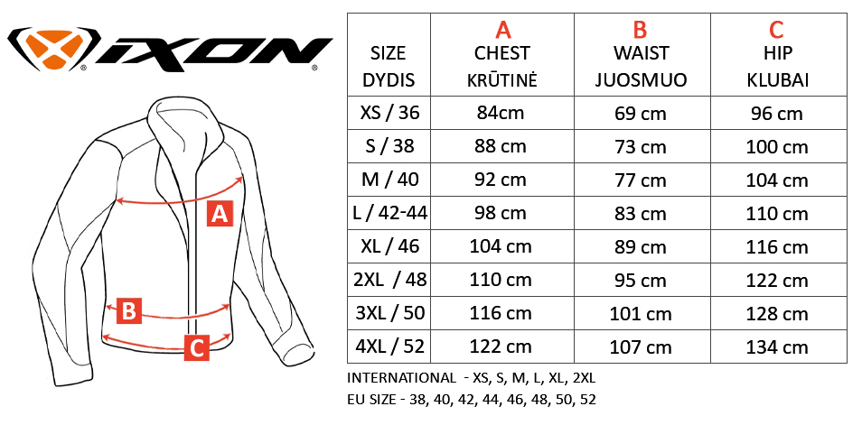 IXON size table