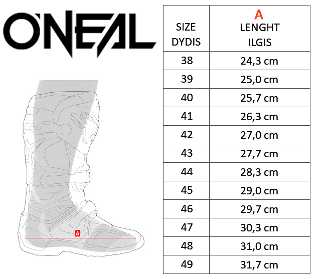 ONEAL size table