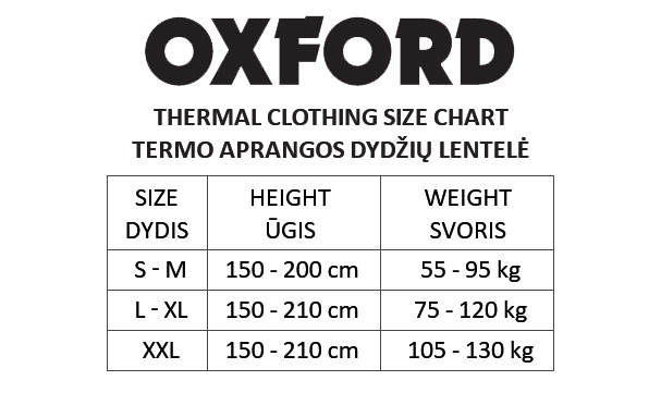OXFORD size table
