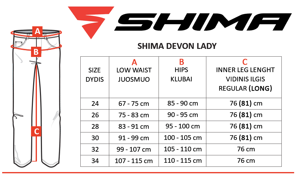 SHIMA size table